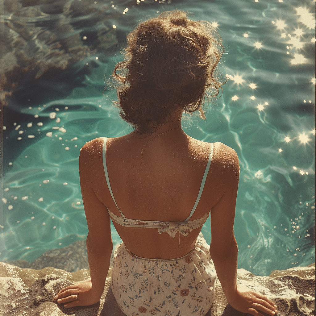 Une femme assise au bord d’une piscine regardant l’eau.