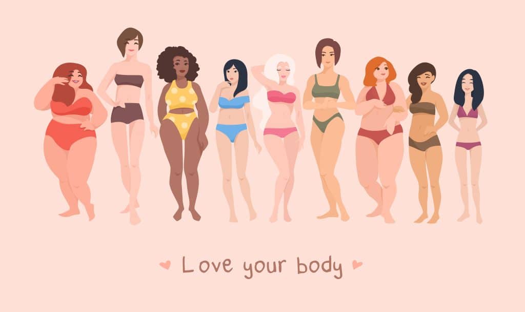 Illustration de femmes diverses en sous-vêtements promouvant la positivité corporelle avec la phrase « aime ton corps ».
